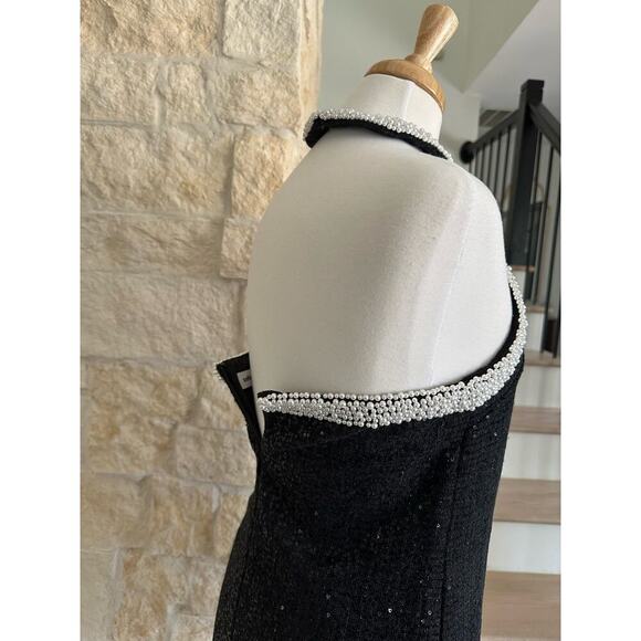 Self Portrait Black Boucle Pearl Trim Mini Dress US 6 - Picture 15 of 16